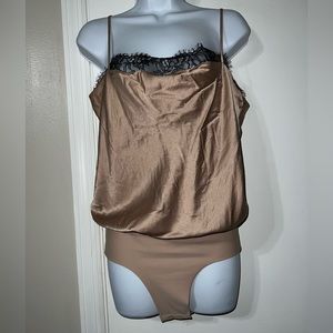 Cami NYC The Romy Silk Beige Bodysuit With Black Lace medium